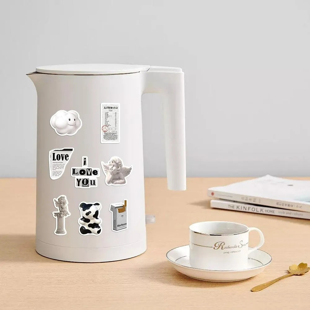 Black and white PVC waterproof stickers with coffee cup designs for laptop and phone decoration