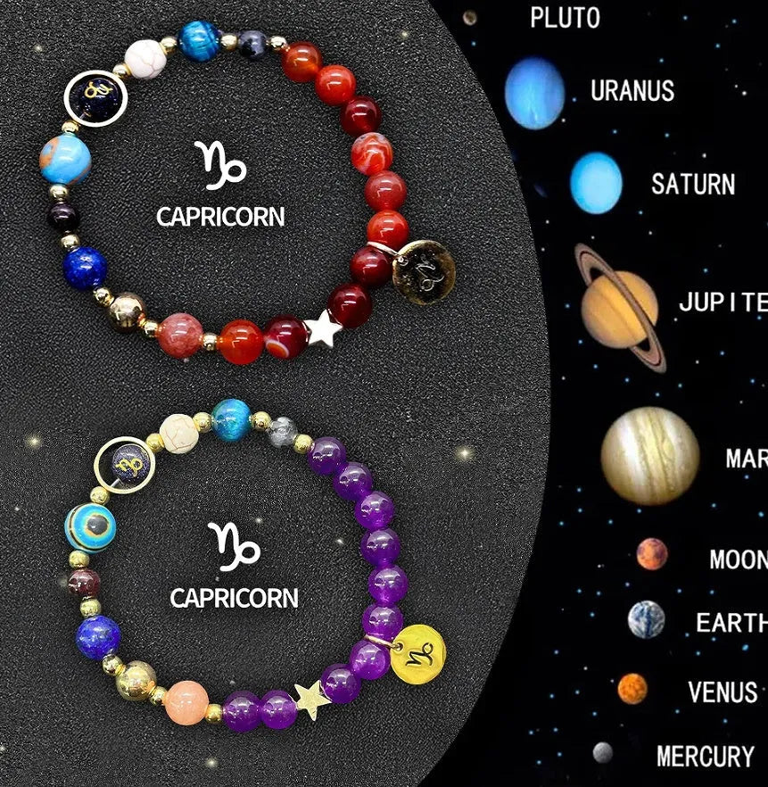 Natural stone beaded zodiac bracelet set with metal charm pendants showing astrological symbols