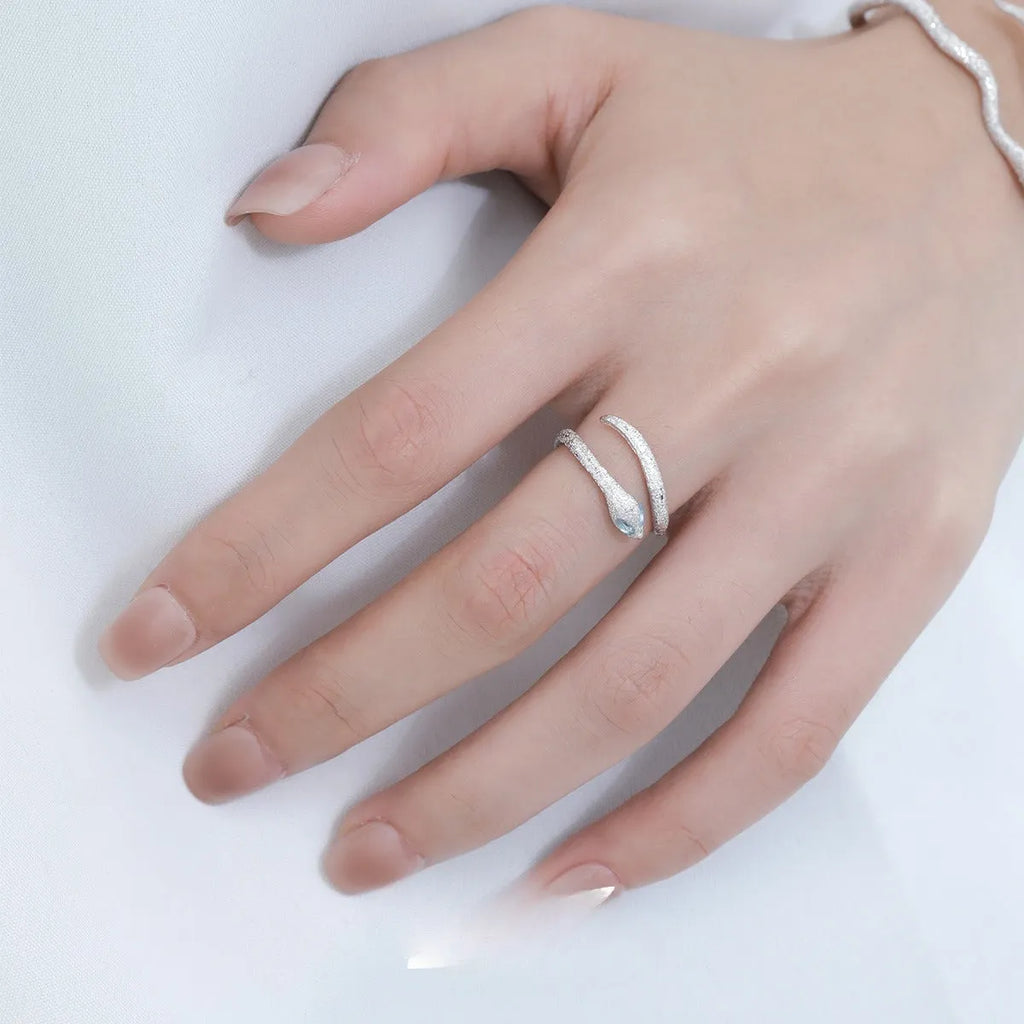 Adjustable silver snake zodiac ring with electroplated platinum colour finish
