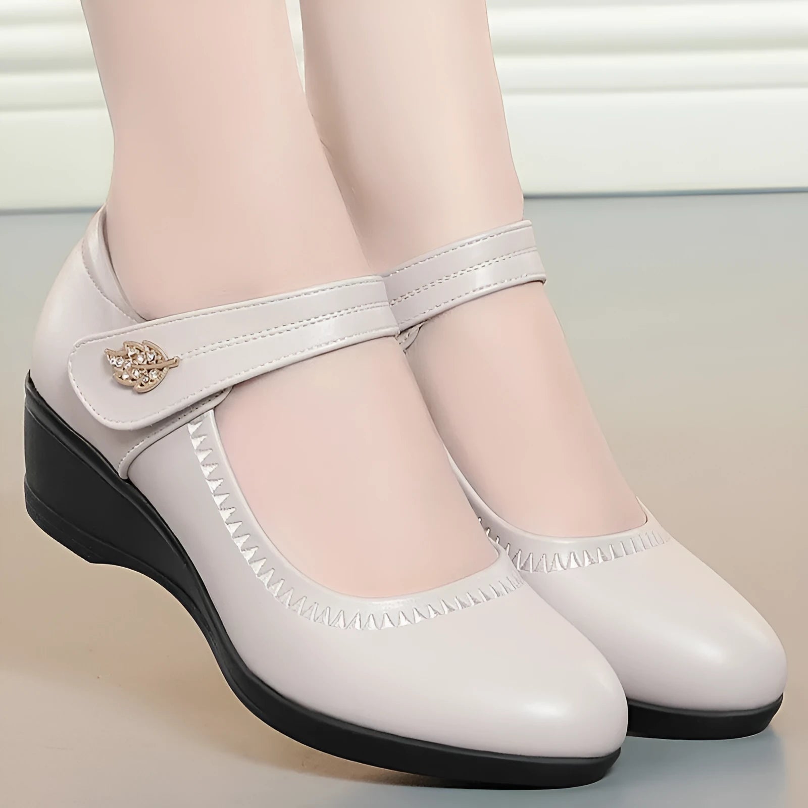 Women's magic stick one-strap wedge sandals in beige with soft sole, round toe, and Velcro closure
