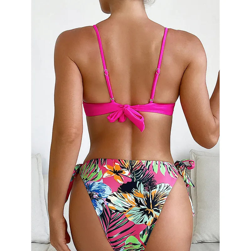 Rose red women's bikini swimsuit with braided rope detailing, polyester fabric construction