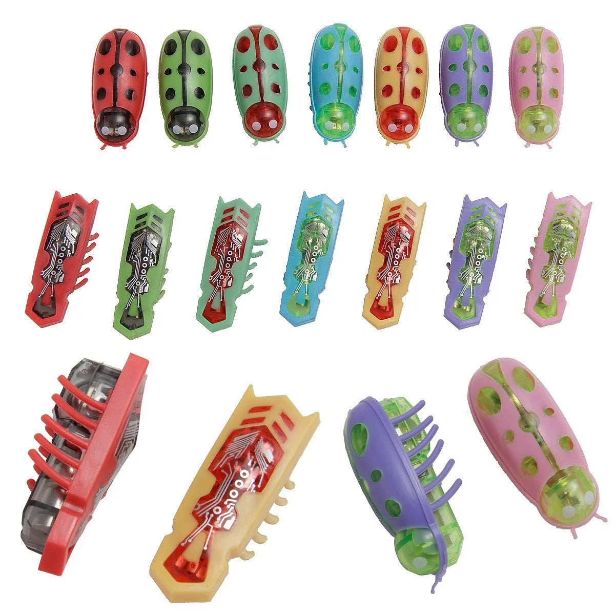 Miniature jumping insect cat teaser toy in plastic showing ladybug and iron cow style colour options