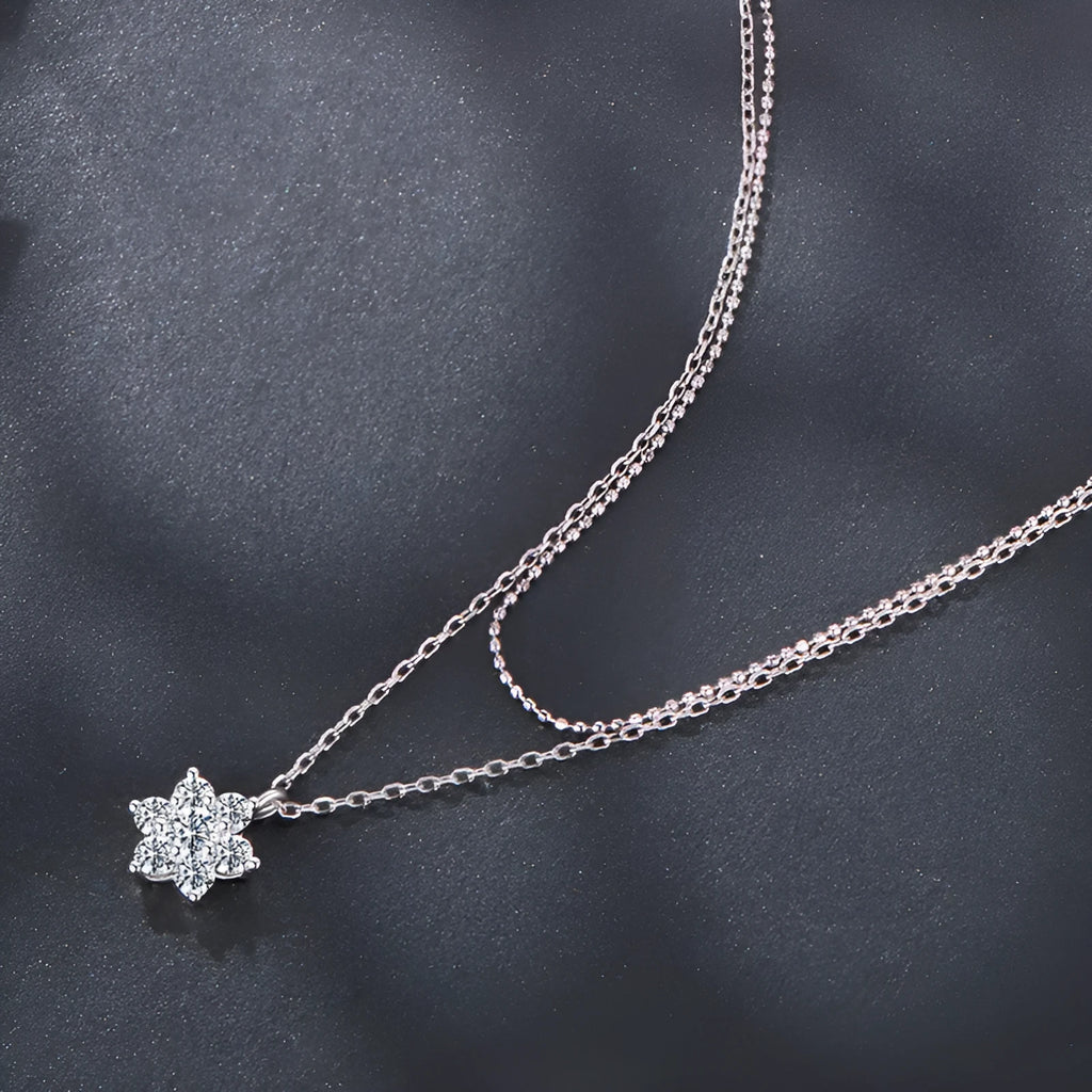 Original winter snowflake double layer moissanite necklace in 925 silver with adjustable O-shaped chain