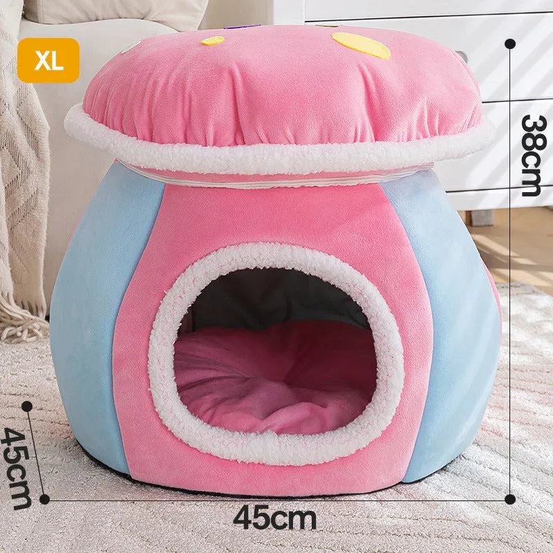 Grey mushroom-shaped plush cat bed nest for small pets on a white background.