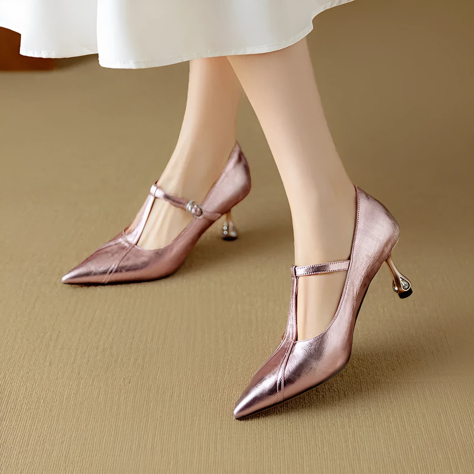 Genuine leather Mary Jane high heel shoes with chunky heel and pointed toe in gun colour
