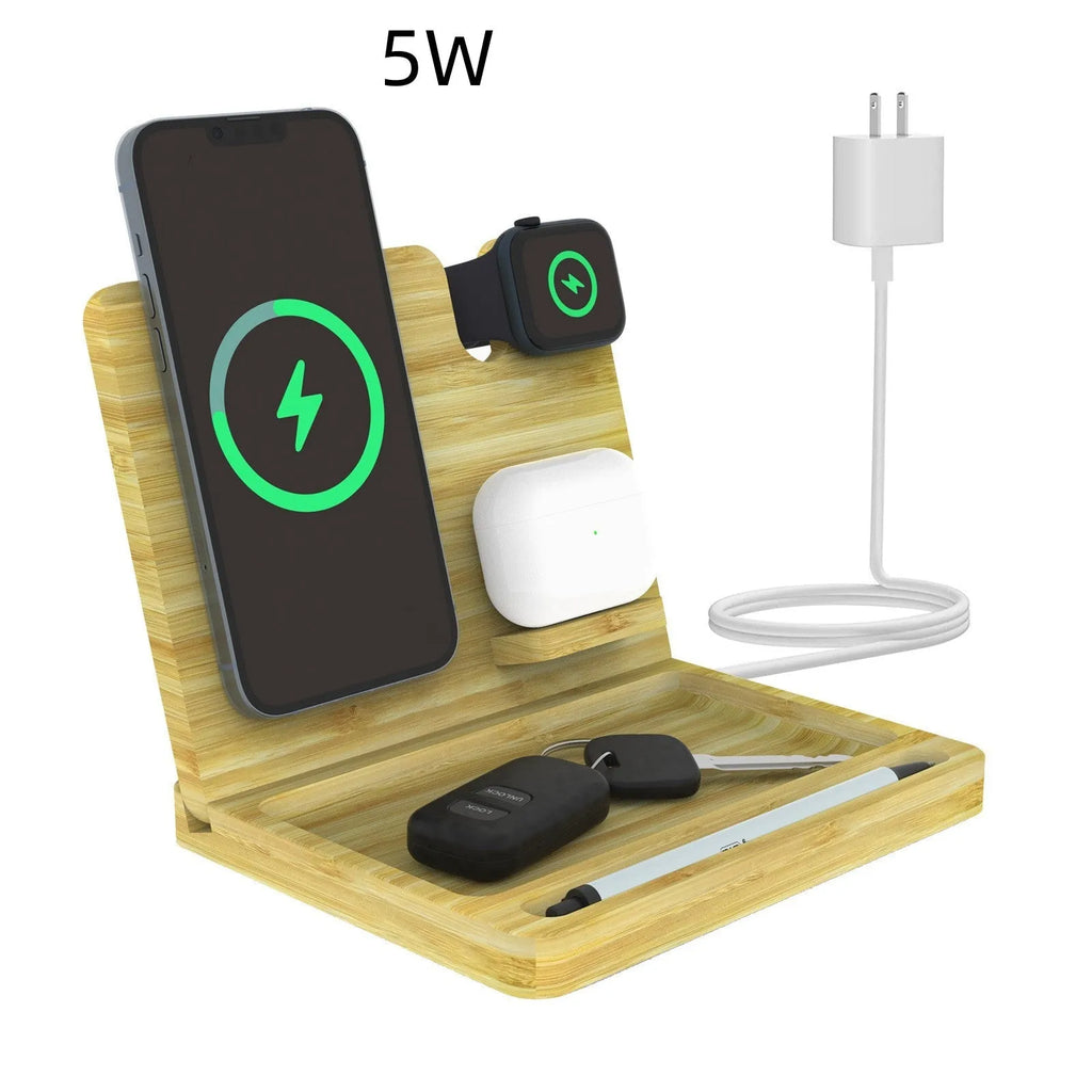 Bamboo 3-in-1 magnetic wireless charger storage bracket with phone, AirPods and Apple Watch on a desk with keys and coins in tray