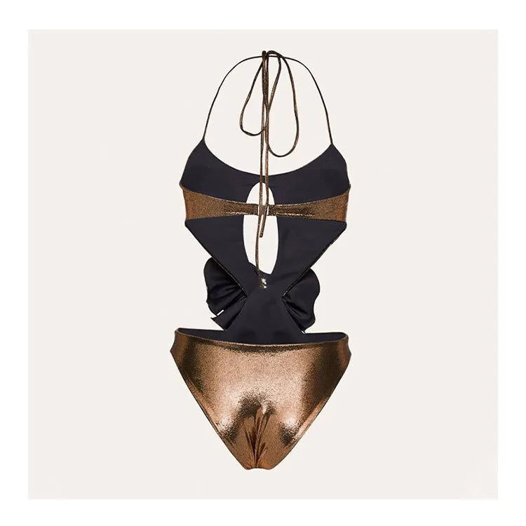 Gold coloured handmade one-piece swimsuit with a halter neckline and hollow-out design.