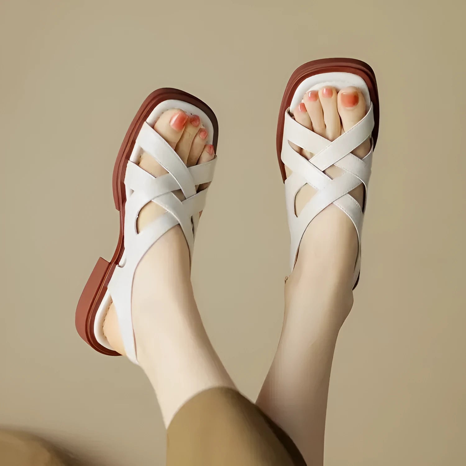 Women's patent leather square toe beach sandals in three colours with cross strap design