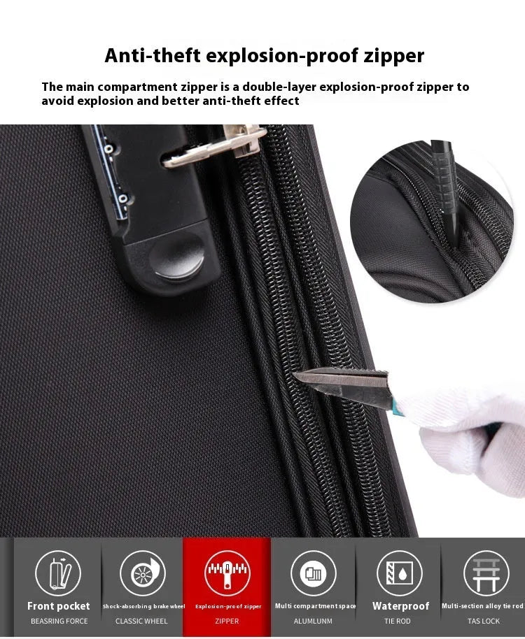 18 inch black Oxford cloth business travel suitcase with telescopic handle and universal wheels.