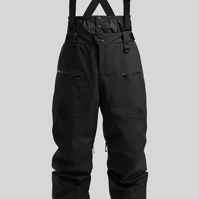 Men's black waterproof ski trousers with thickened straps and flame-retardant linen fabric.