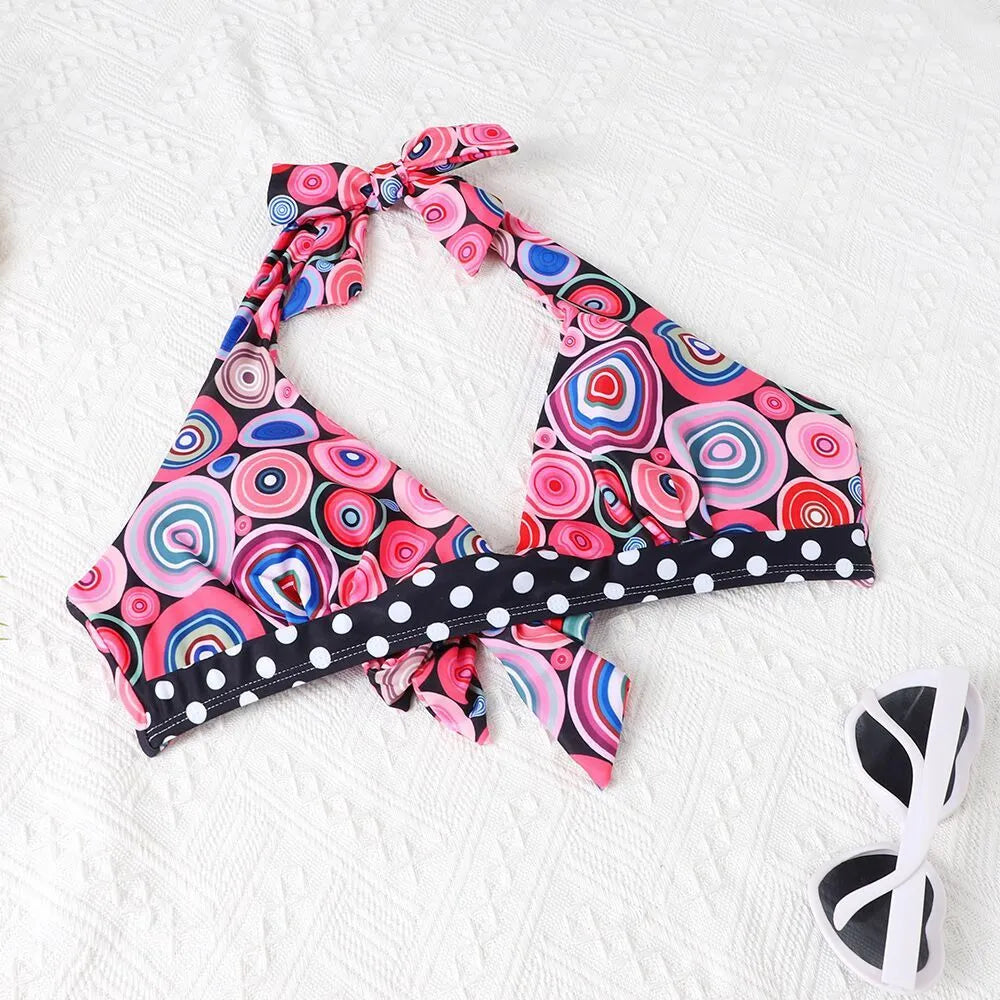 Women's printed high waist split bikini suit in floral pattern, polyester spandex, sizes S to 2XL