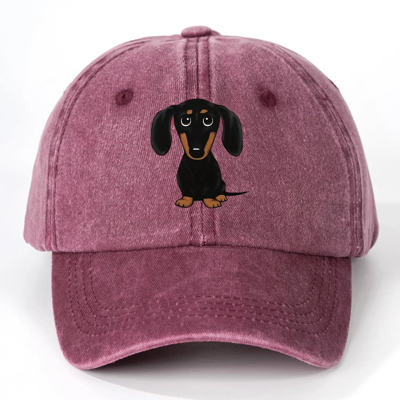 Retro washed baseball cap with embroidered Dachshund design and digital print in cotton fabric
