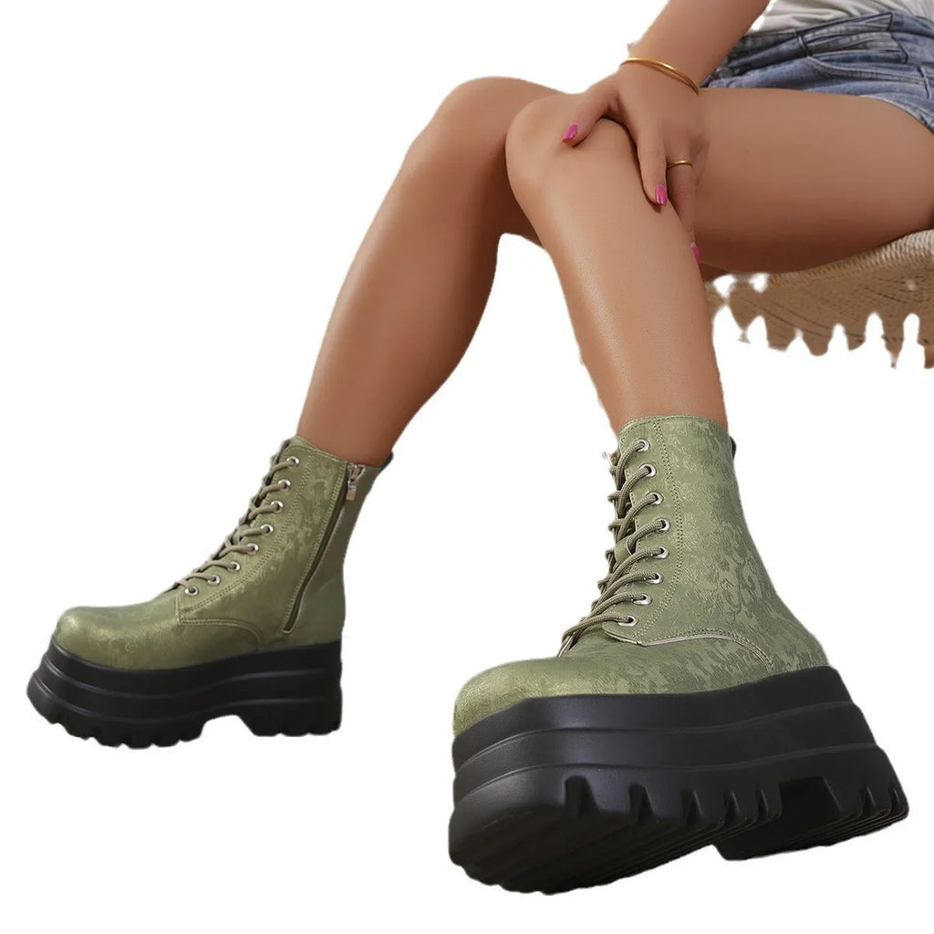 Women's mid-calf retro patchwork Martin boots with platform heel and side zip in black, green or white