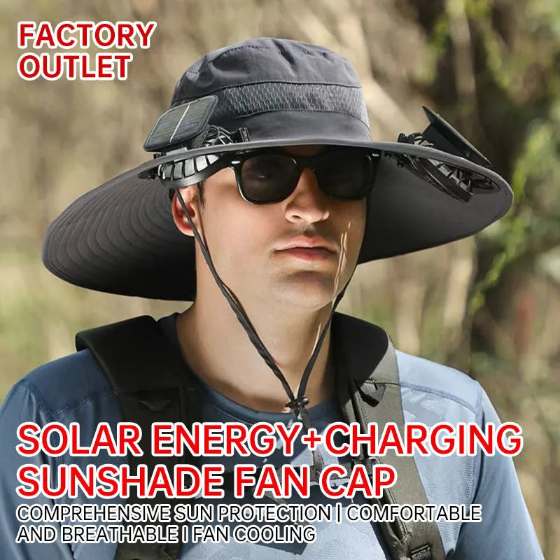 Men's beige solar-powered fan hat with wide brim and integrated cooling fan