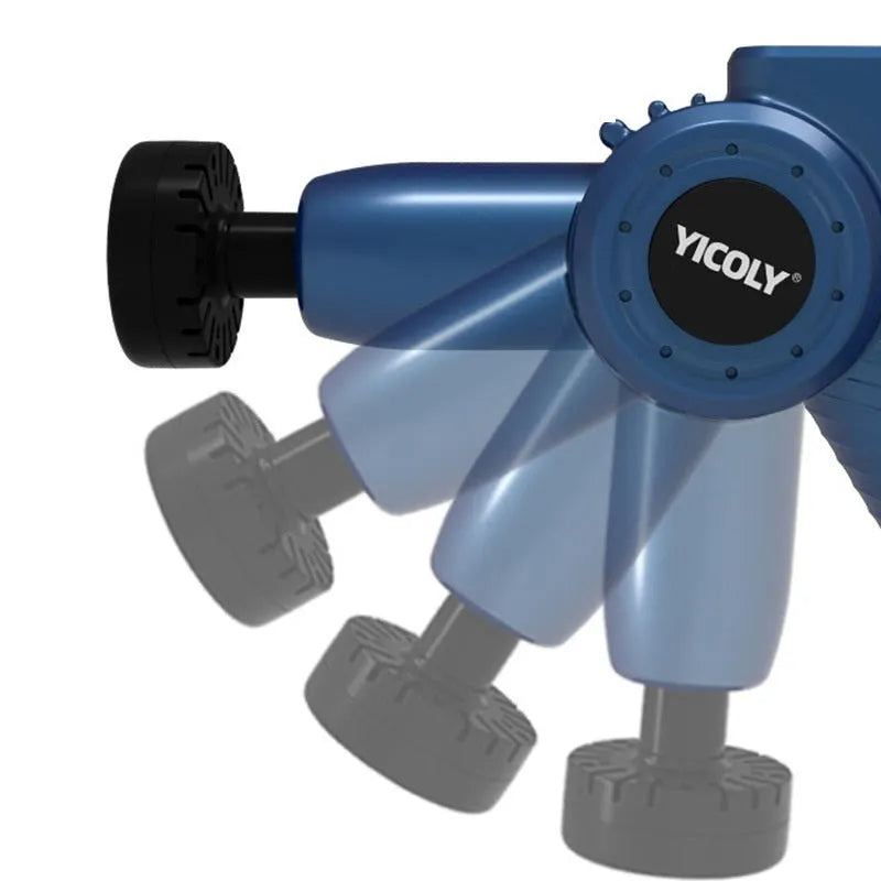 Black smart muscle massage gun with five attached heads for hot, ice, and percussion therapy