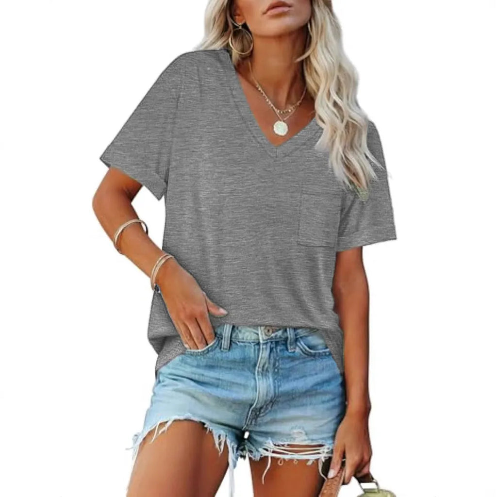 Grey loose V-neck pocket T-shirt with short sleeves on hanger