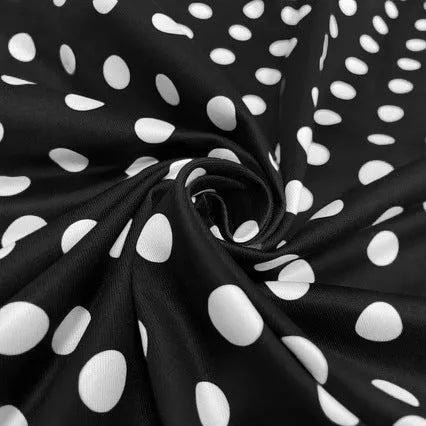Multicolour polka dot women's dress with a square collar, short sleeves, and a pleated midi skirt.