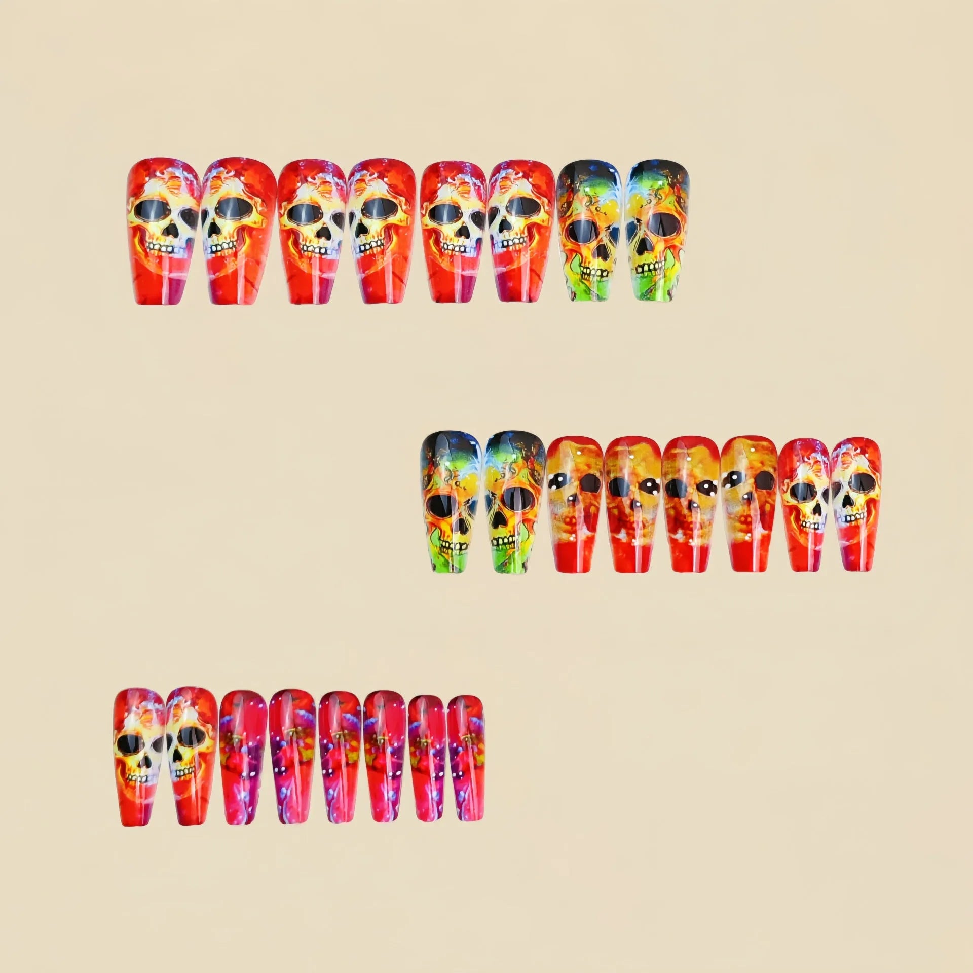 Halloween multicolor gradient skull pattern nail stickers in ballet type shape with jelly glue and rolling strips