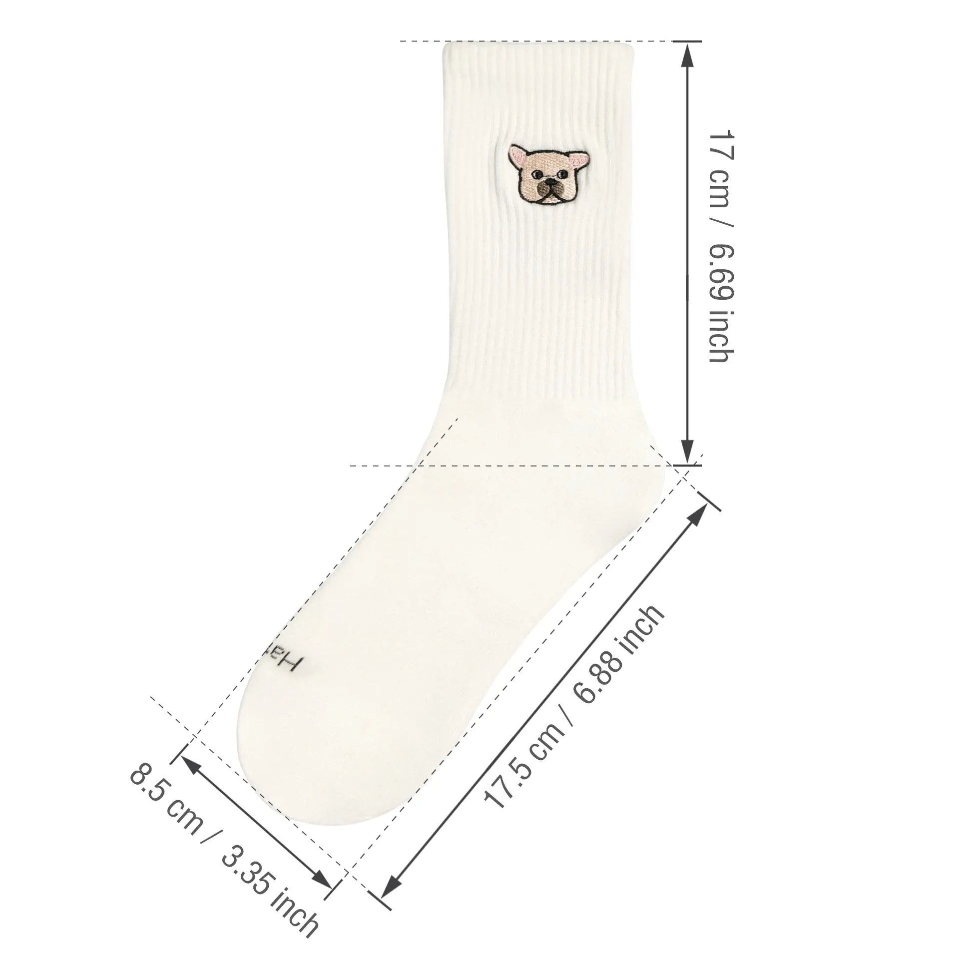 White cotton tube socks with printed Corgi dog pattern on a white background