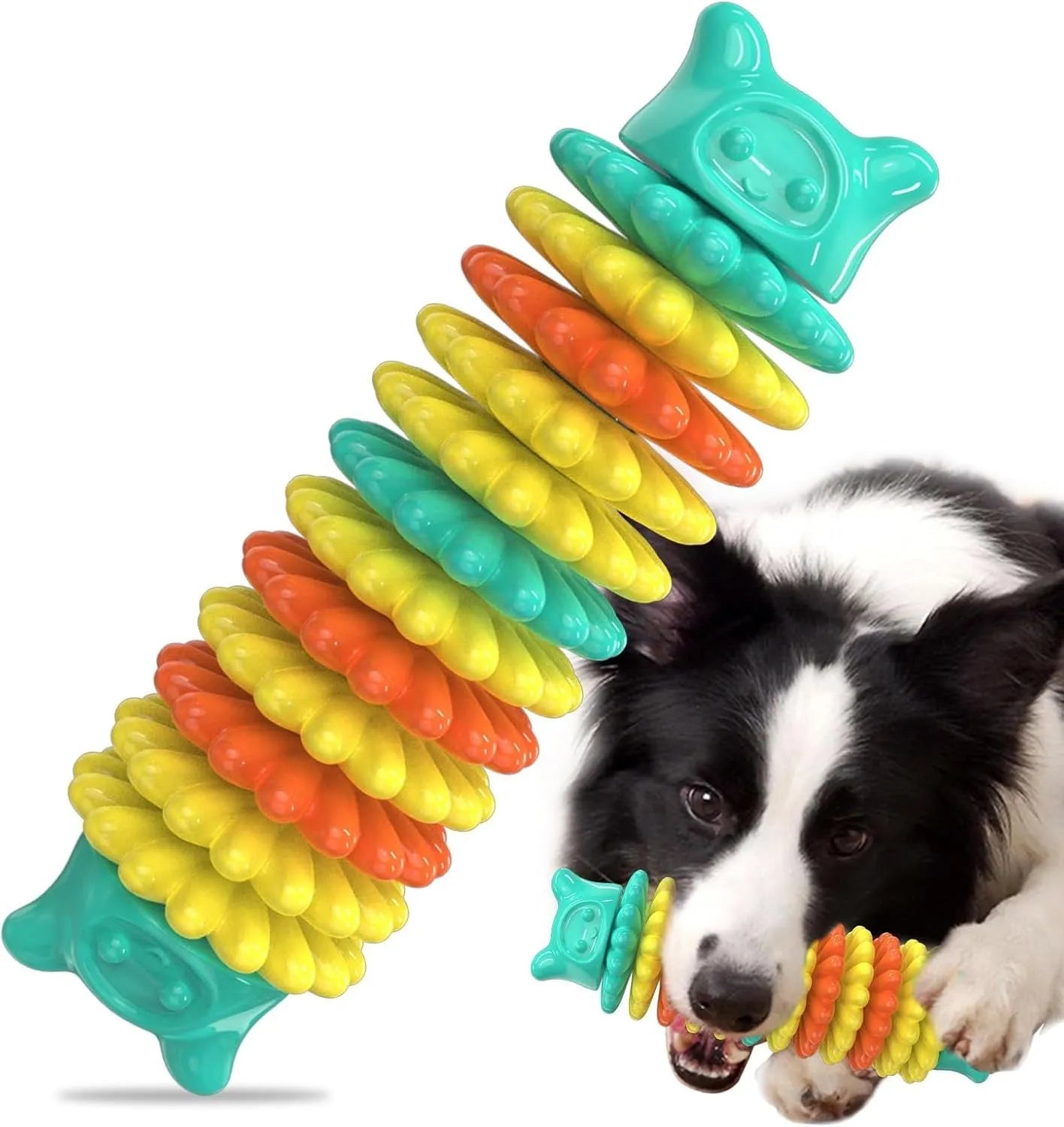 Blue rubber caterpillar-shaped dog chew toy for aggressive chewers on a white background.