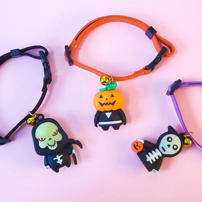 Halloween pet collar decoration on a dog, showing luminous skull pattern and adjustable polyester band.