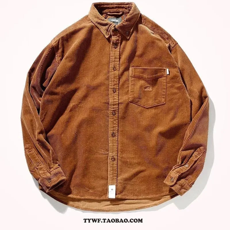 Japanese Hong Kong style loose fit corduroy shirt in caramel colour with cardigan design