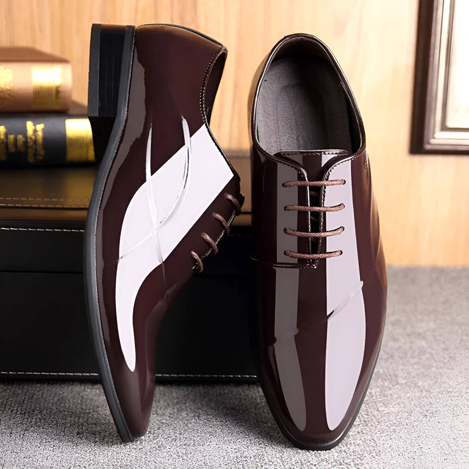 Men's black and brown business formal shoes with round toe and PU upper material