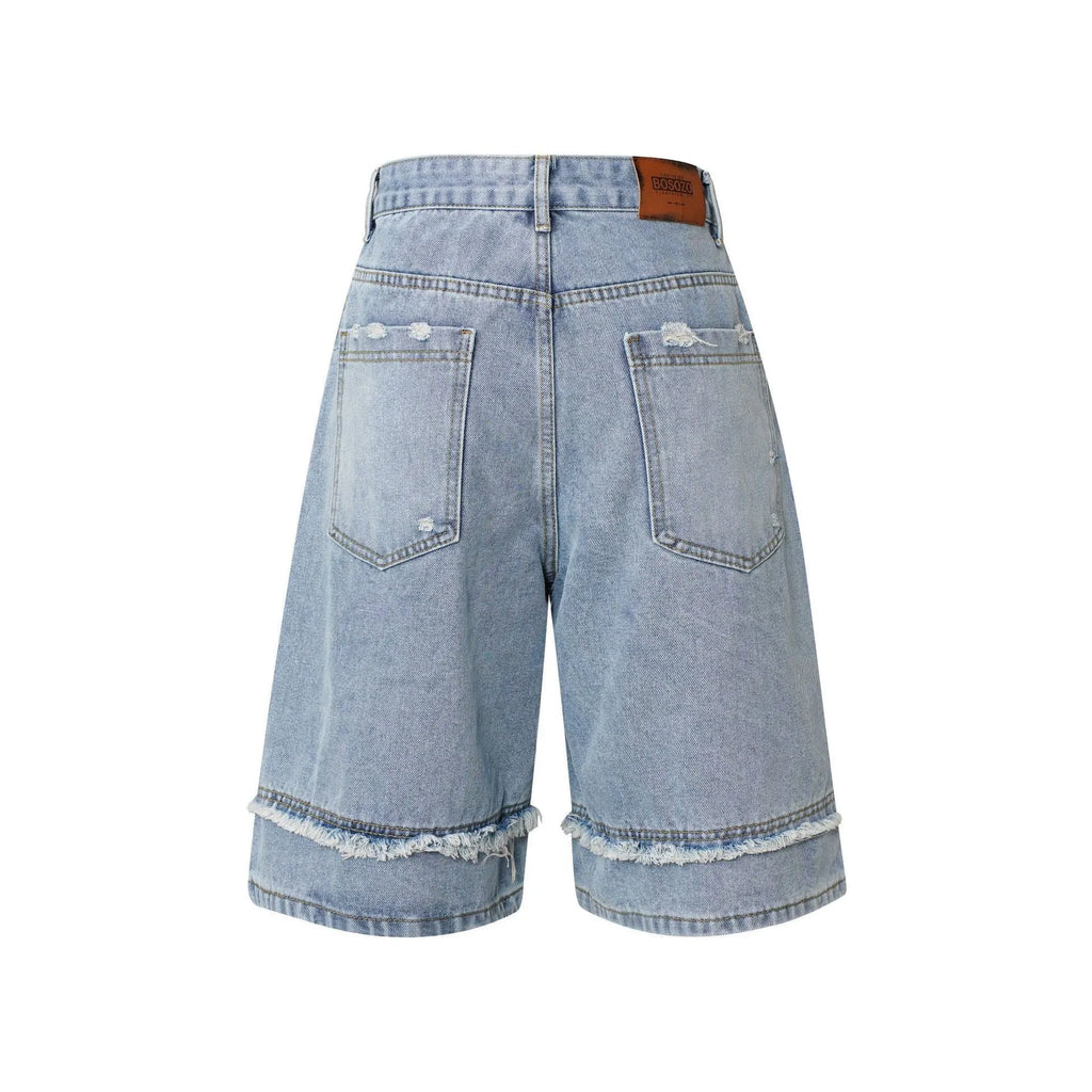 American Pu Shuai distressed denim shorts in straight cut hip hop style with raw edge finish