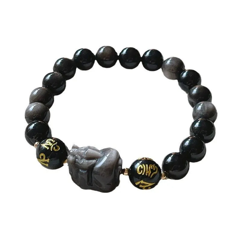 Handcrafted silver stone bracelet for men with Chinese zodiac proverbs on beads