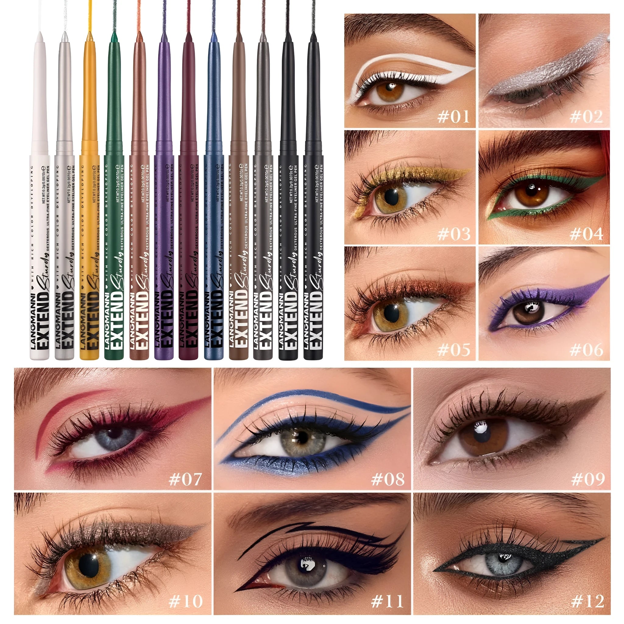Set of 12 colourful gel glitter eyeliner pencils showing matte, glitter, metallic, and pearl effects