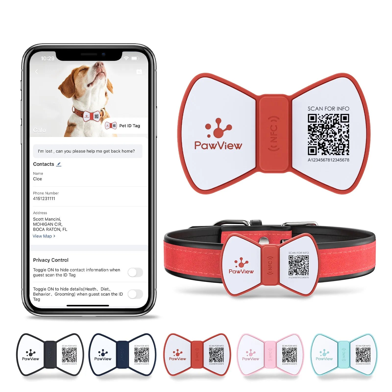 NFC smart QR code silicone pet ID tag with bowknot decoration for dogs and cats