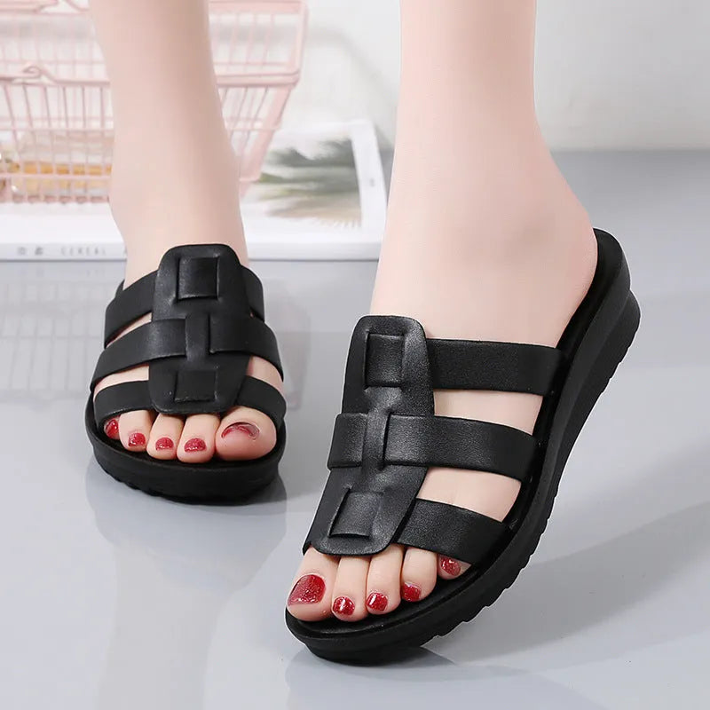 Women's large size soft sole slippers in beige, black and brown colours with flat bottom design