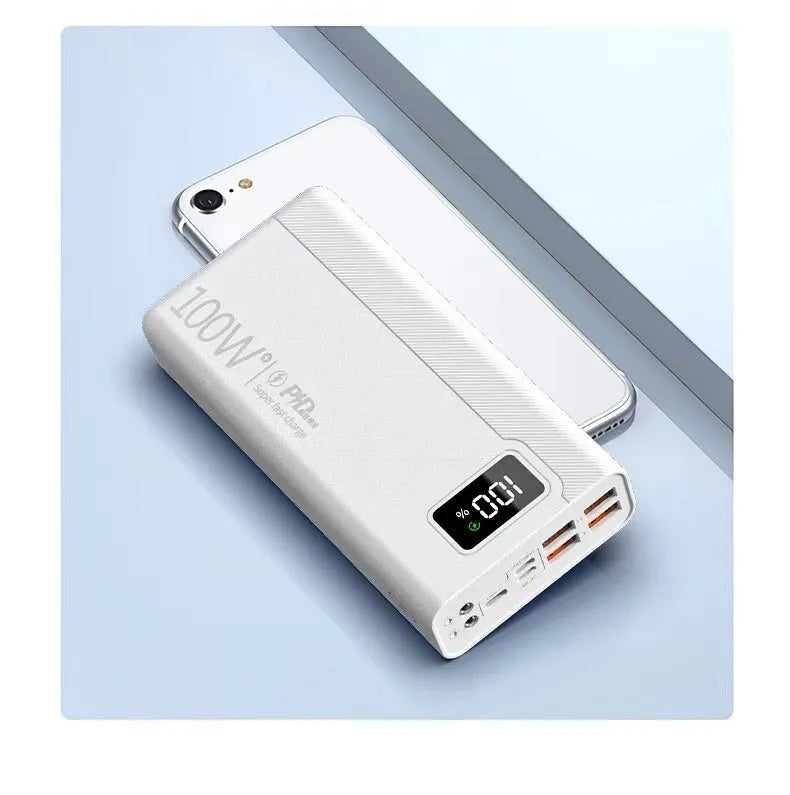 Large capacity power bank in black or white with plastic shell, showing fast charging capability and multiple capacity options