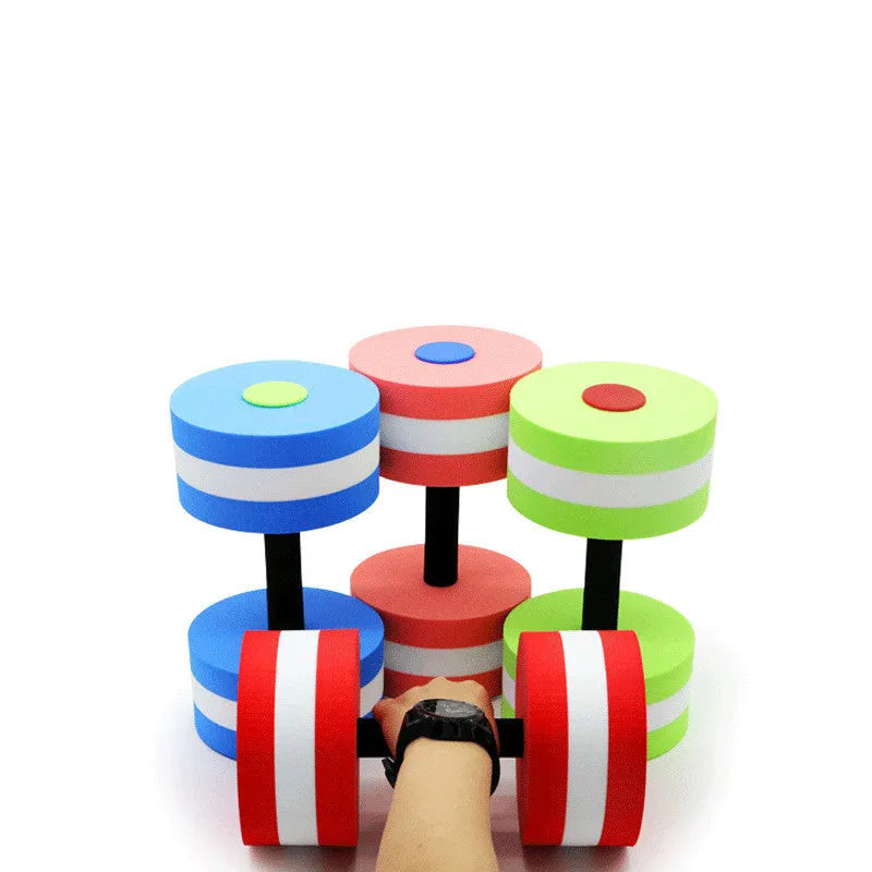 Pair of Rose Red EVA foam water aerobics dumbbells measuring 15cm with snap-type assembly