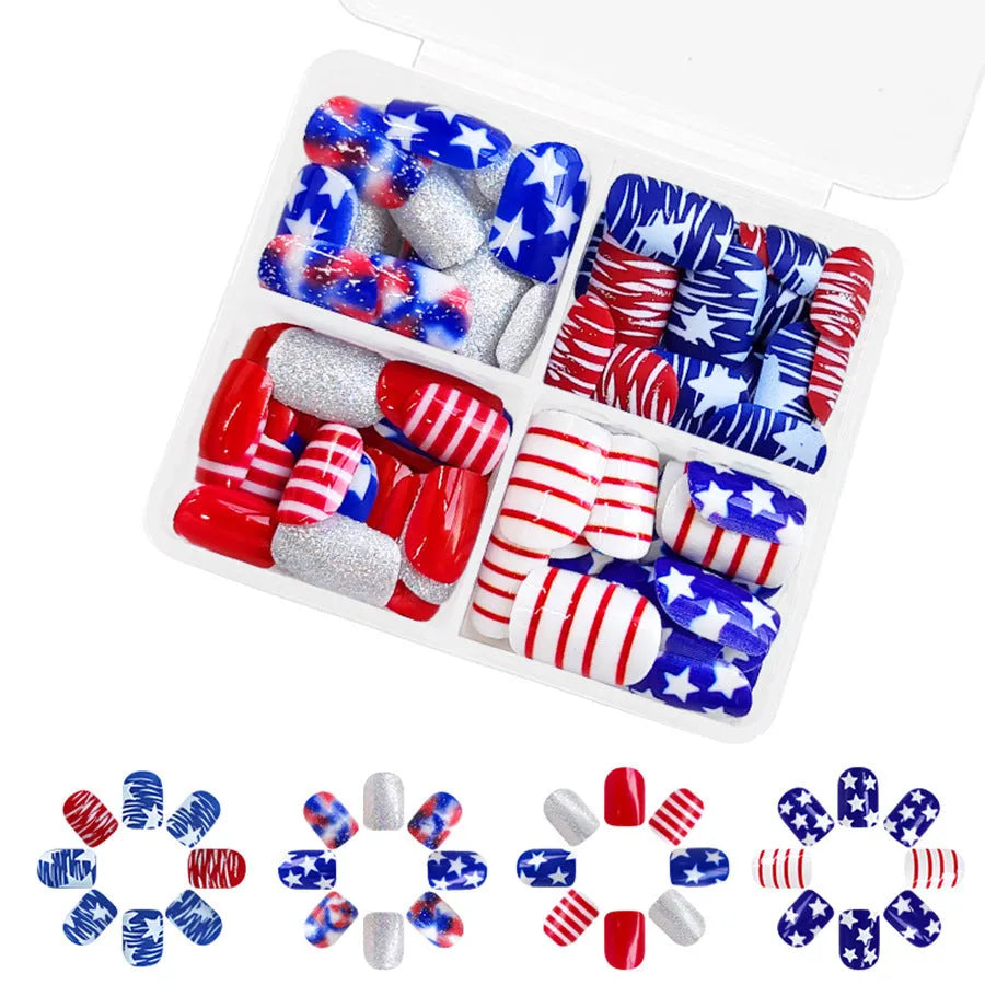 Finished nail tips with glitter red and blue multicolor Independence Day pattern