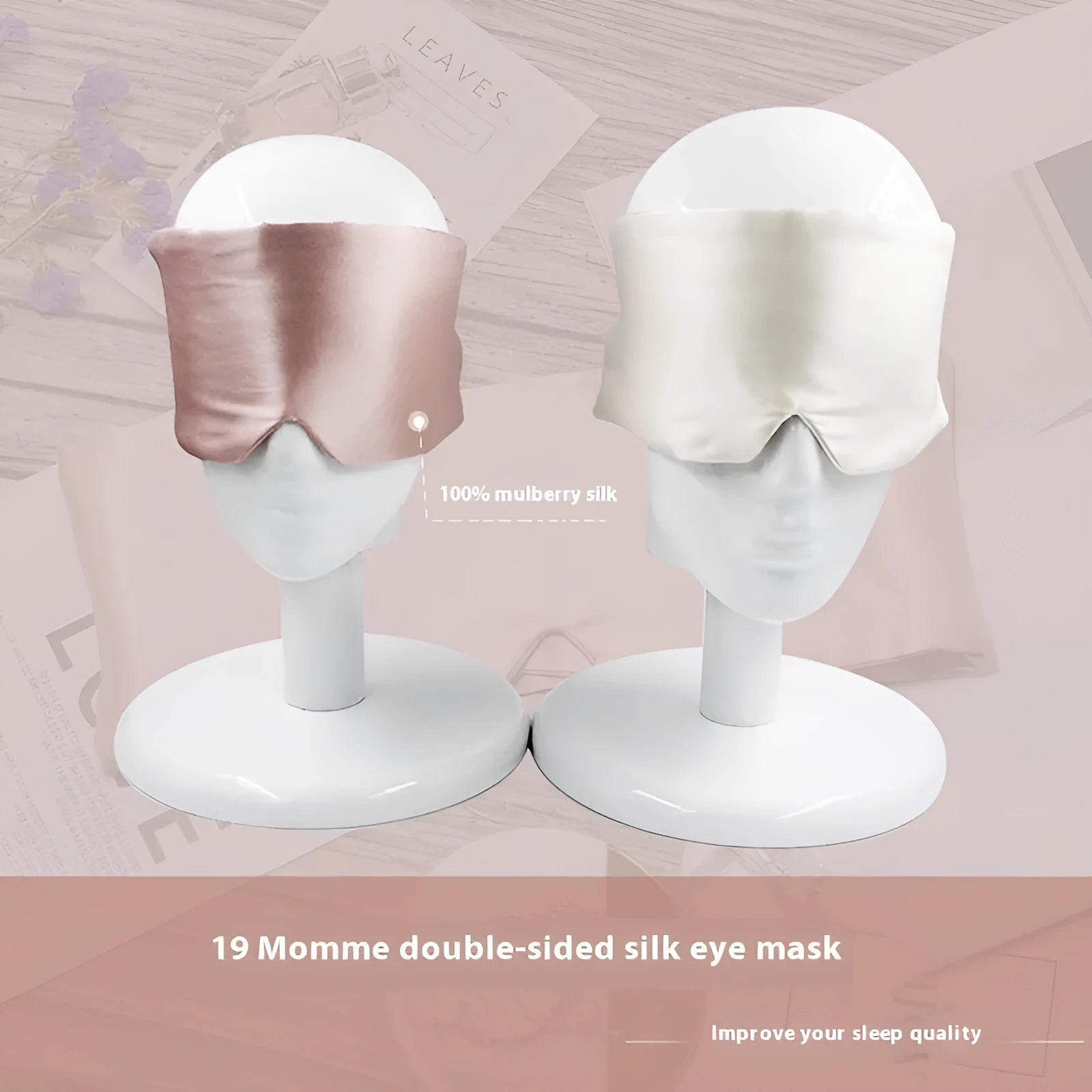 Mulberry silk sleep eye mask shown in multiple colours: black, gold, blue, grey, white, pink, and green.