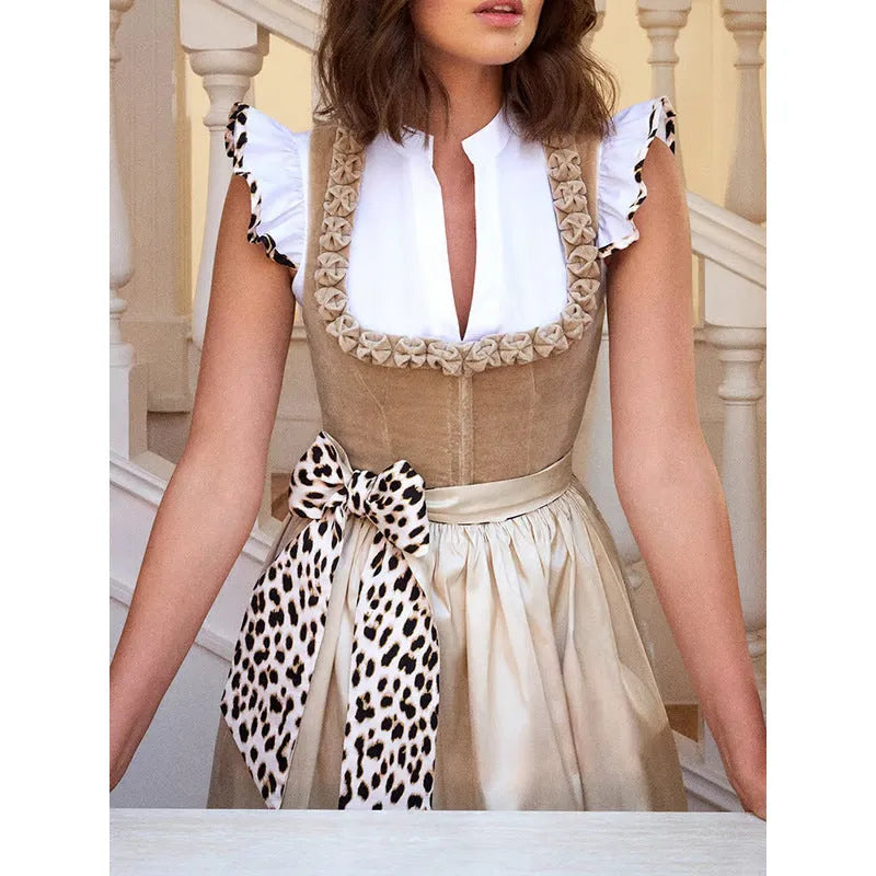 Khaki German Oktoberfest style women's dress in cotton-polyester blend fabric