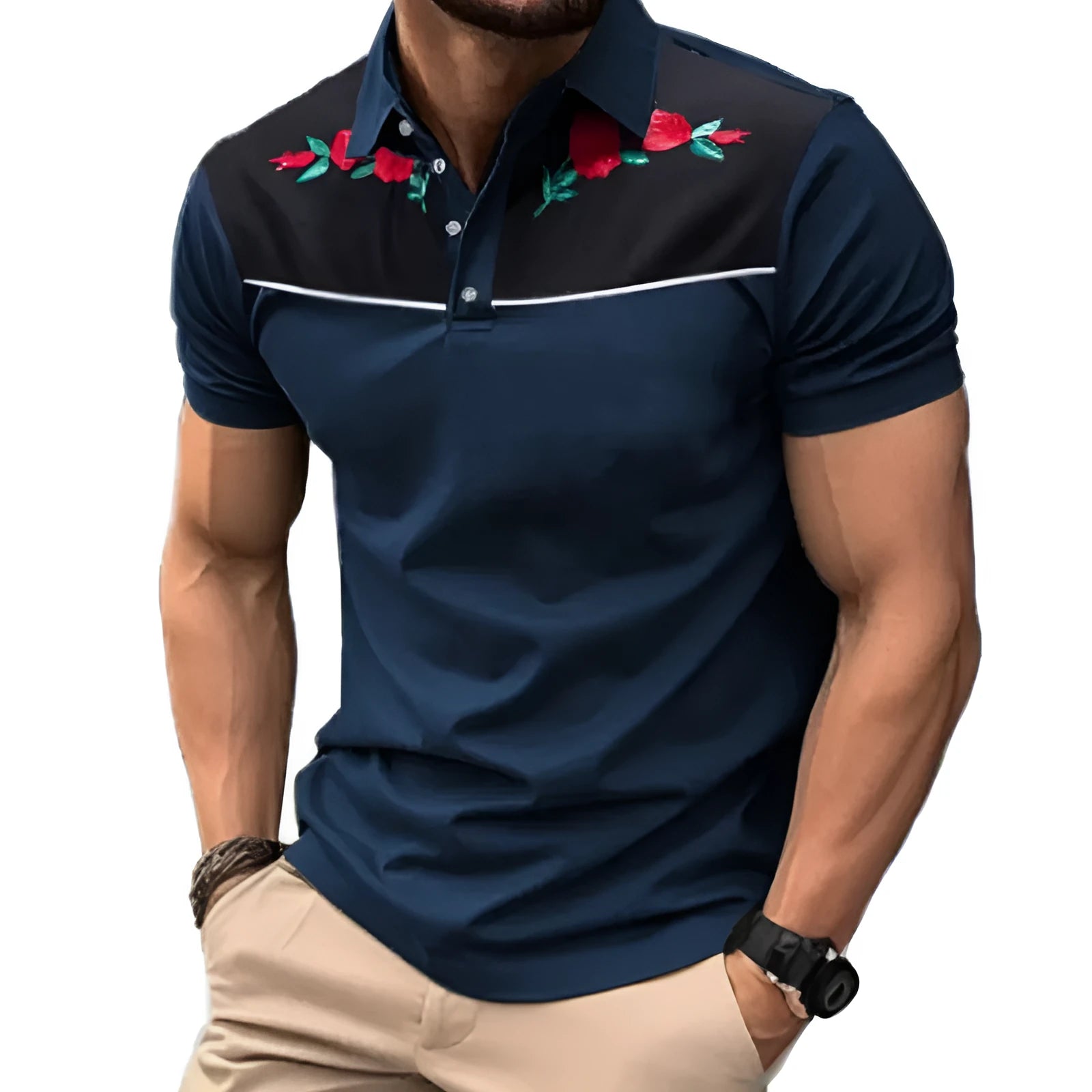 Man wearing a light coloured short sleeve mesh polo shirt with a zipper decoration detail.