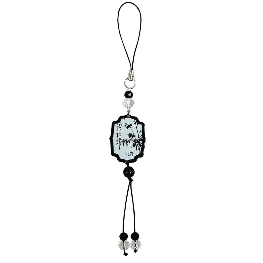 Guofeng ceramic bead pendant keychain with hand-painted Chinese fan and floral design.
