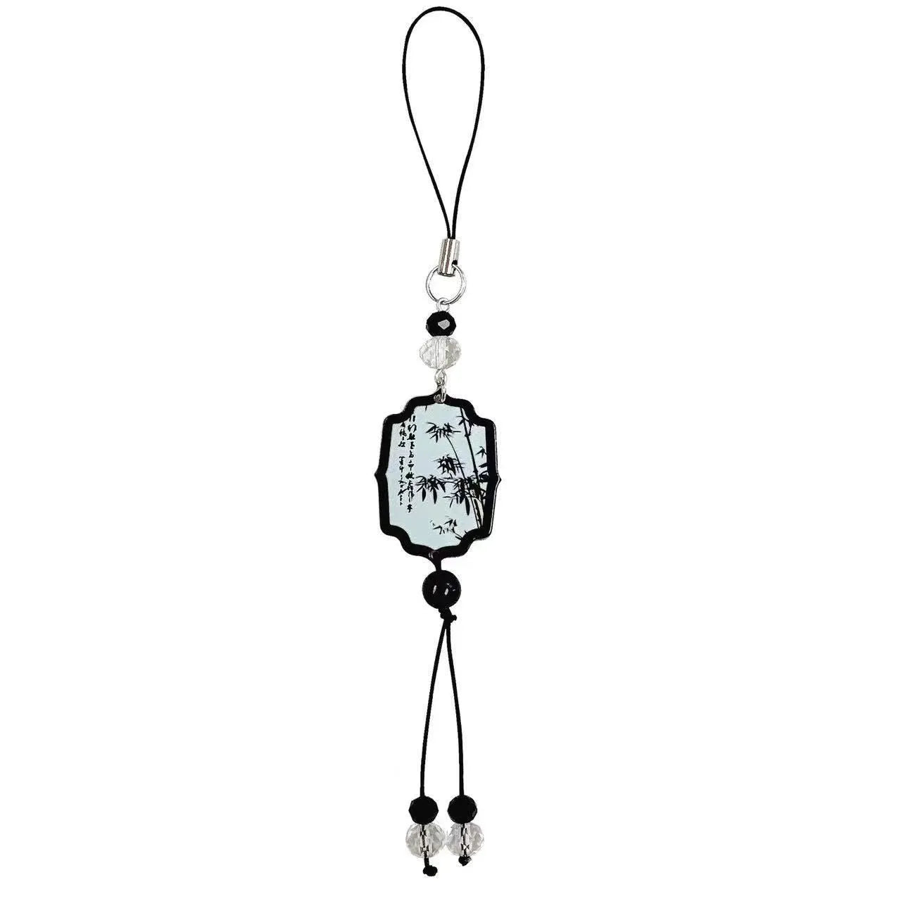 Guofeng ceramic bead pendant keychain with hand-painted Chinese fan and floral design.