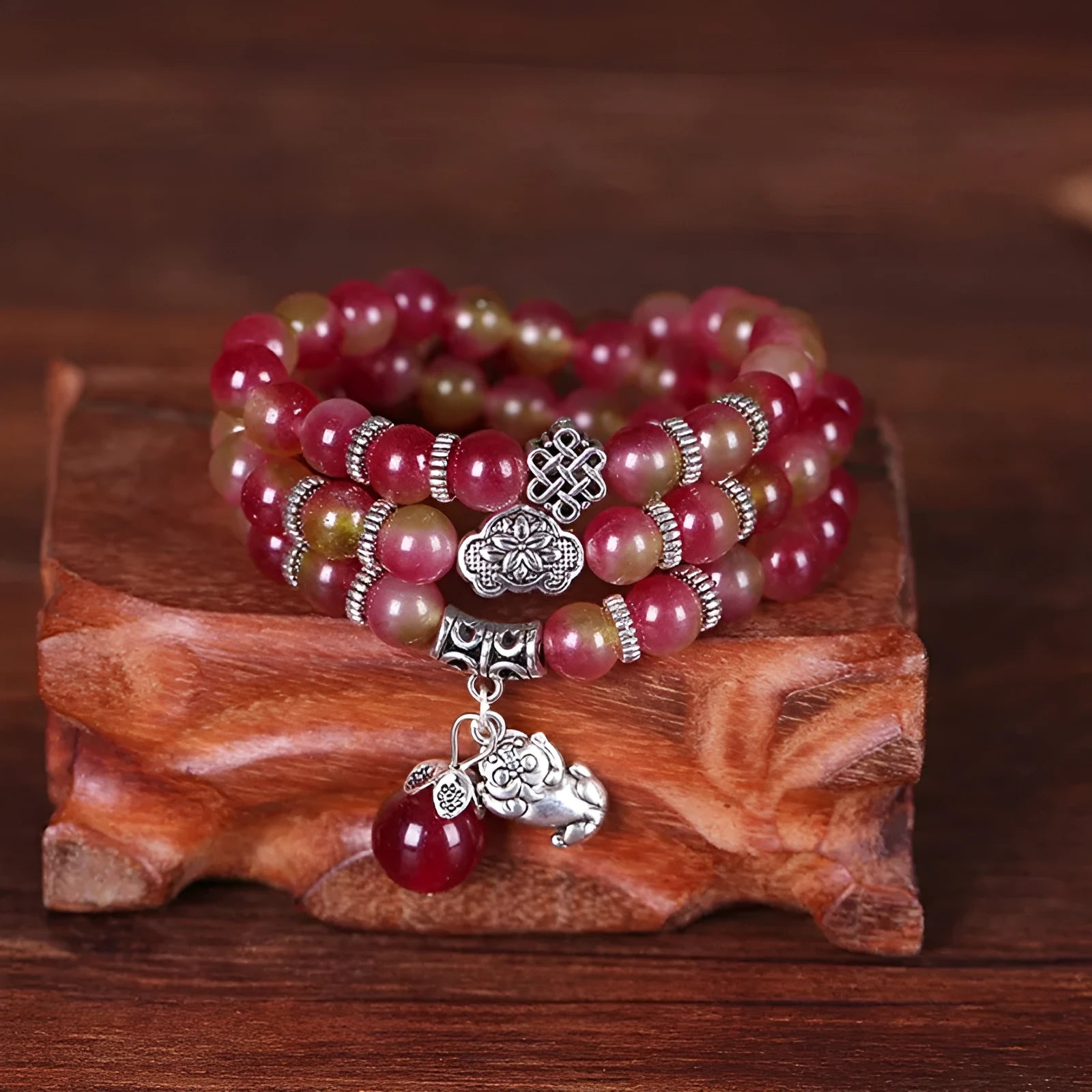 Handmade watermelon crystal bracelet with Chinese knot closure in elephant style design