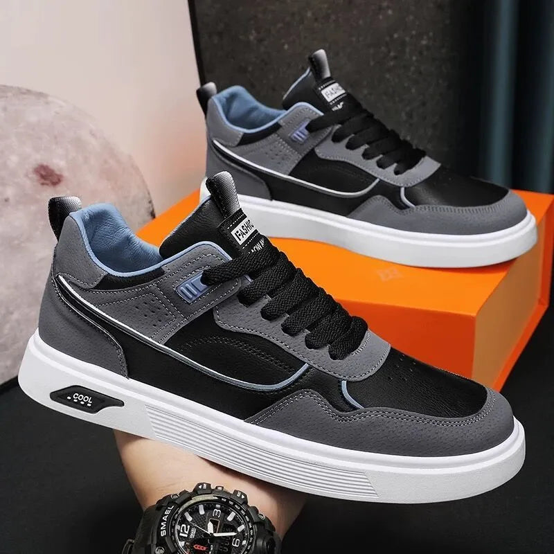 Men's Korean-style canvas board shoes in black, beige, or grey with round toe and low-top design