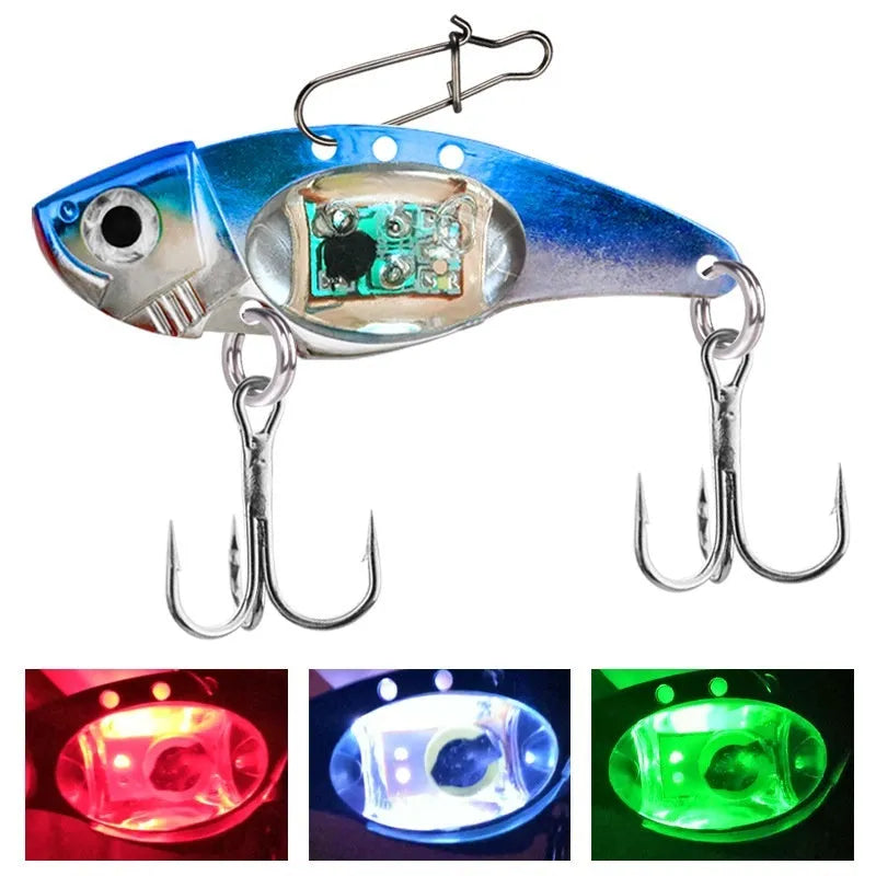 Electronic fishing lure with luminous metal vib in blue and red body options