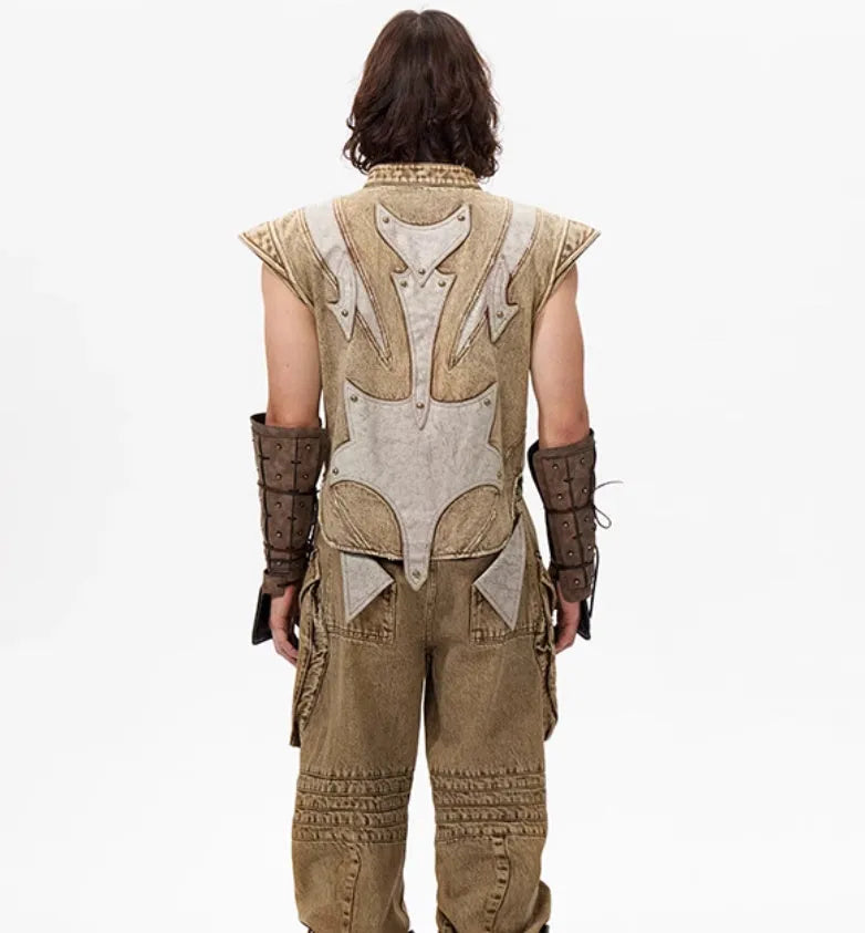 Summer Dark Knight pleated vest in cotton denim fabric, picture colour, front view