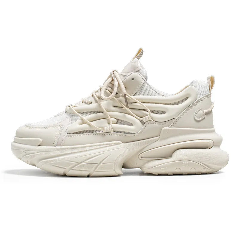 Men's beige mesh sneakers with round toe design and lace-up front fastening