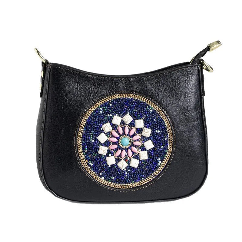 Straw bead turquoise ethnic style tote bucket crossbody bag with flower detail