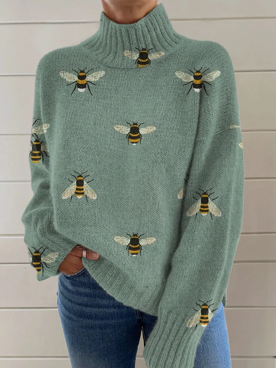 Women's Christmas printed turtleneck sweater in loose fit with festive design