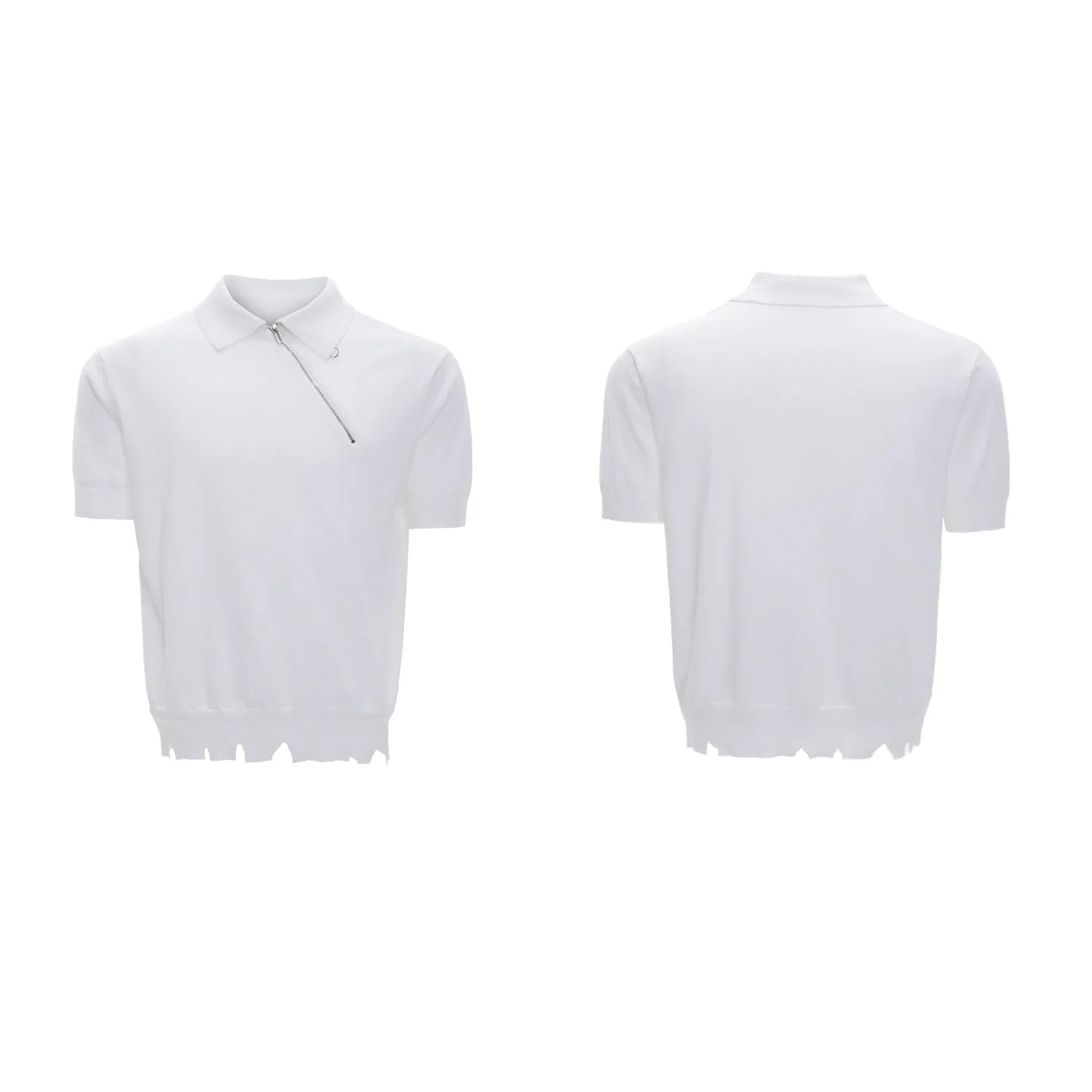 Men's black slim-fit knitted polo shirt with diagonal zipper and lapel collar