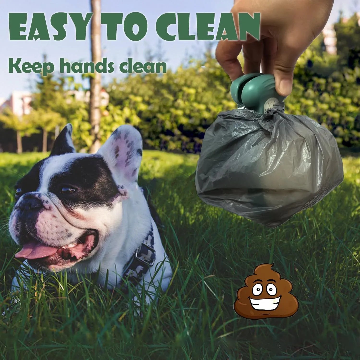 Blue portable handheld dog pooper scooper with clip and expandable waste container on a green background.