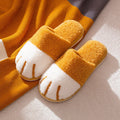 Furry paw slippers in caramel colour, suede upper with closed-toe Baotou style, non-slip PVC sole for indoor use